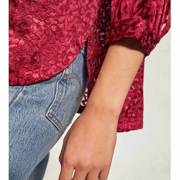 Anthropologie Burgundy Burnout Floral Velvet Buttondown Shirt Size XL NWT - Picture 4 of 12